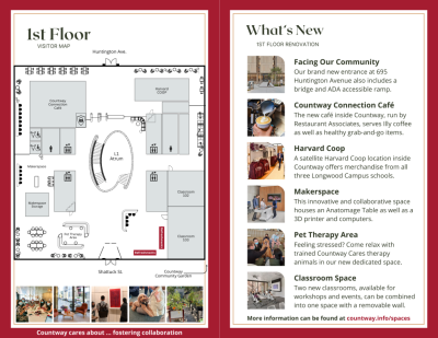 1st Floor Visitor Map. What's new from the 1st floor renovation? Facing Our Community: Our brand new entrance at 695 Huntington Avenue also includes a bridge and ADA accessible ramp. Countway Connection Cafe: The new cafe inside Countway, run by Restaurant Associates, serves Illy coffee as well as healthy grab-and-go items. Harvard Coop: A satellite Harvard Coop location inside Countway offers merchandise from all three Longwood Campus schools. Makerspace: This innovative and collaborative space houses an Anatomage Table as well as a 3D printer and computers. Pet Therapy Area: Feeling stressed? Come relax with trained Countway Cares therapy animals in our new dedicated space. Classroom Space: Two new classrooms, available for workshops and events, can be combined into one space with a removable wall. More information can be found at countway.info/spaces.
