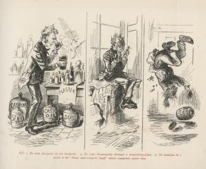 Comic illustrator Augustus Hoppin chronicles the travails of Mr. A. Wiper Weeps as he suffers from an attack of hay fever. In the plate on the right, both allopathy and homeopathy are seen as useless to him. Only a trip in a hot-air balloon for the duration of the hay fever season provides Weeps with relief.