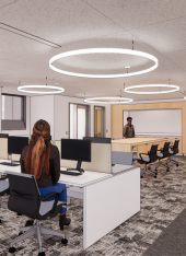 An artist's rendering of the completed Countway Library L1 renovation project, featuring one student sitting at a computer desk and another standing in front of a white board.