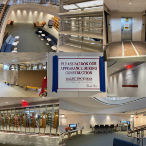 Collage of eight construction photos showing L1 of Countway Library, some areas prepared for construction, empty shelves, construction materials, and signs informing passersby about the construction project.
