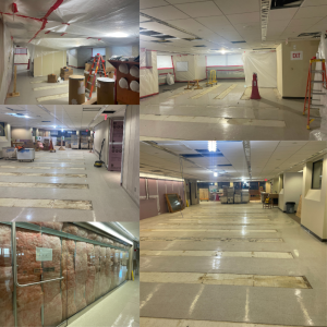 Collage of five Countway L1 construction photos showing bare, stripped down spaces with some protective coverings and construction equipment.