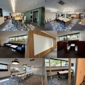 Collage of photos showing newly renovated spaces throughout the lower level of Countway