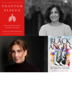 Photo of Vidya Krishnan next to her book, Phantom Plague, and a headshot of Maria Smilios next to her book, The Black Angels