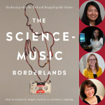 Cover image of the book The Science-Music Borderlands next to headshots of Psyche Loui, Deirdre Loughridge, Elizabeth H. Margulis, and Lisa Wong.