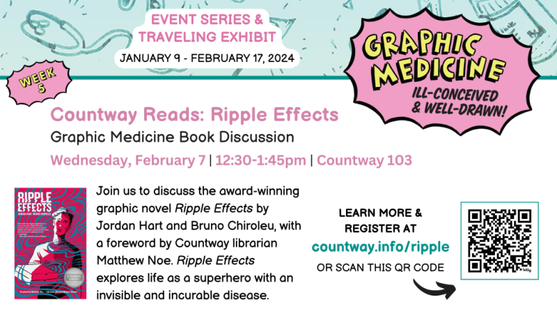Promotional flyer for Countway Reads: Ripple Effects. See accessible version at the end of this page for details.