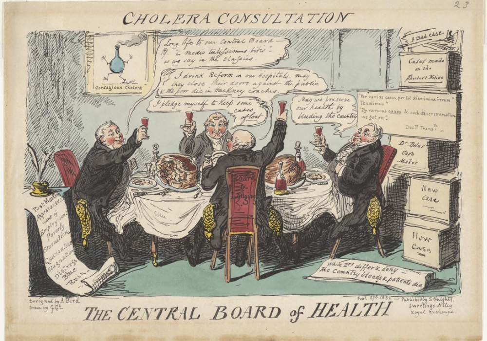 Hand-drawn cartoon showing a group of old white men sitting around a table with the words "Cholera Consultation" and "The Central Board of Health" 